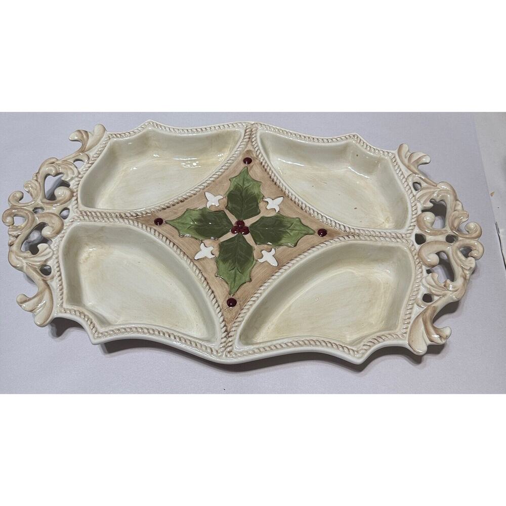 Amscan Home Christmas Divided Serving Tray Holly Berry Porcelain 16"x11"